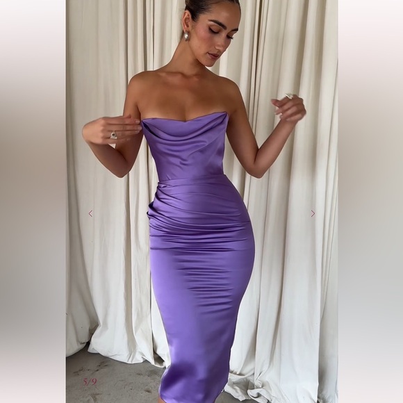 House of CB Violet Satin Strapless Corset Midi Dress - Picture 1 of 11